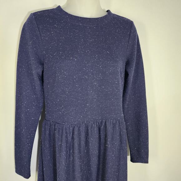 Loft Petite Womens Navy Blue Flecked Button Back Swing Dress XSP Long Sleeve - Picture 3 of 9